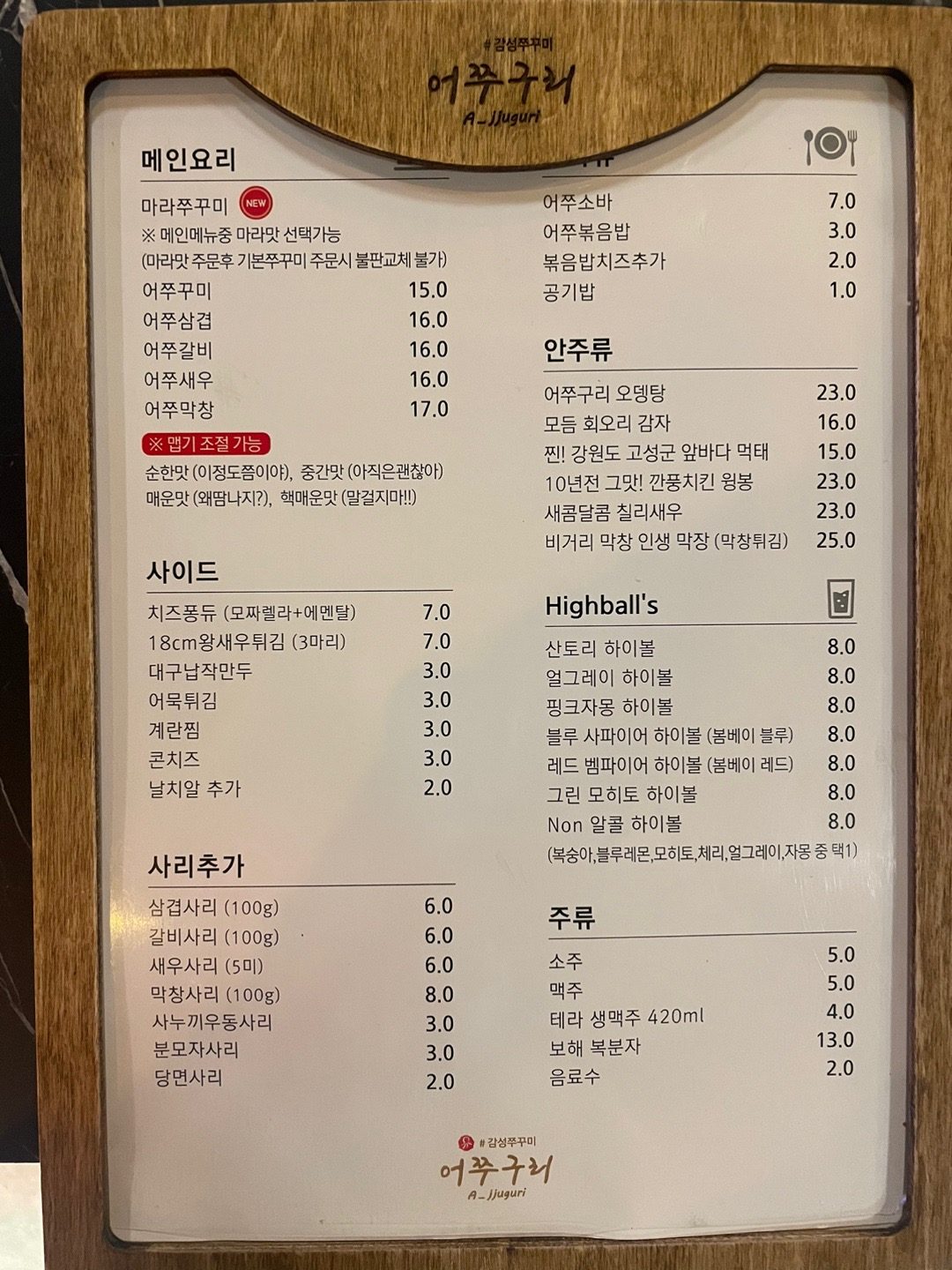 price menu