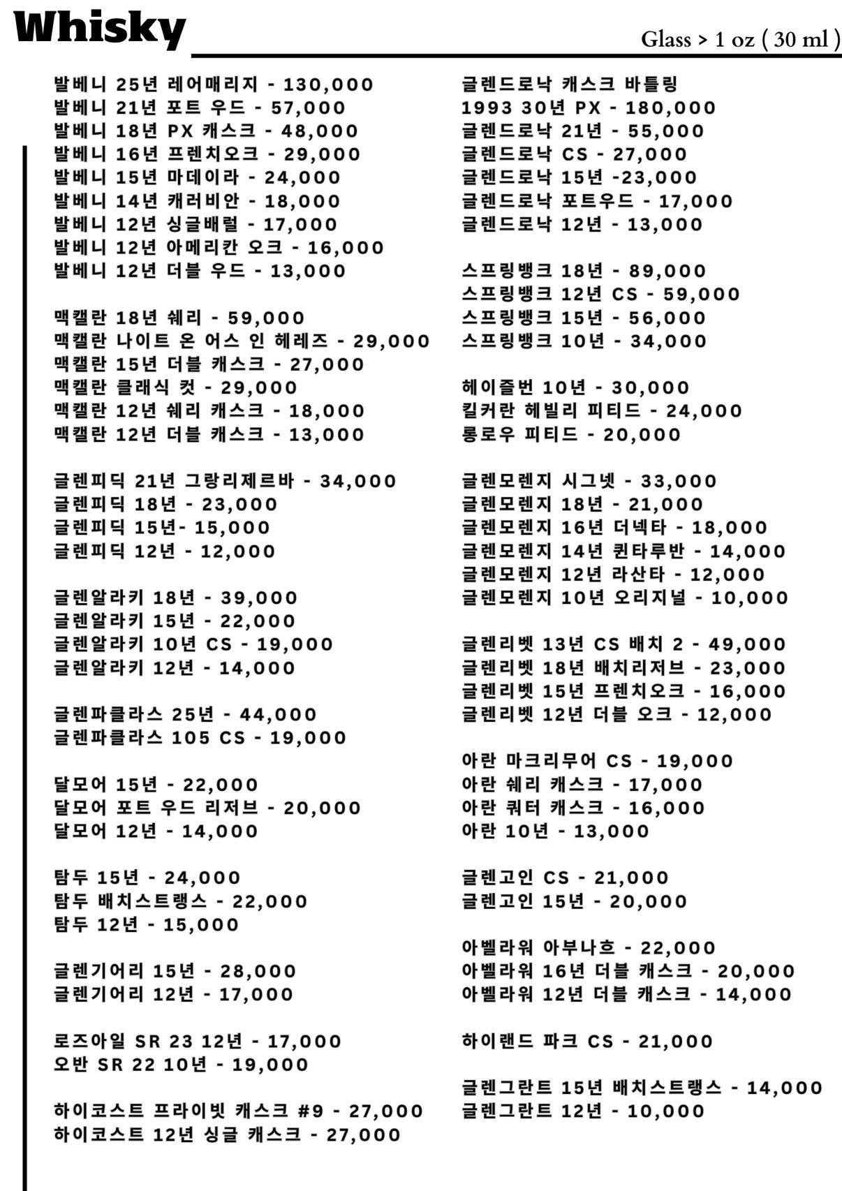 price menu