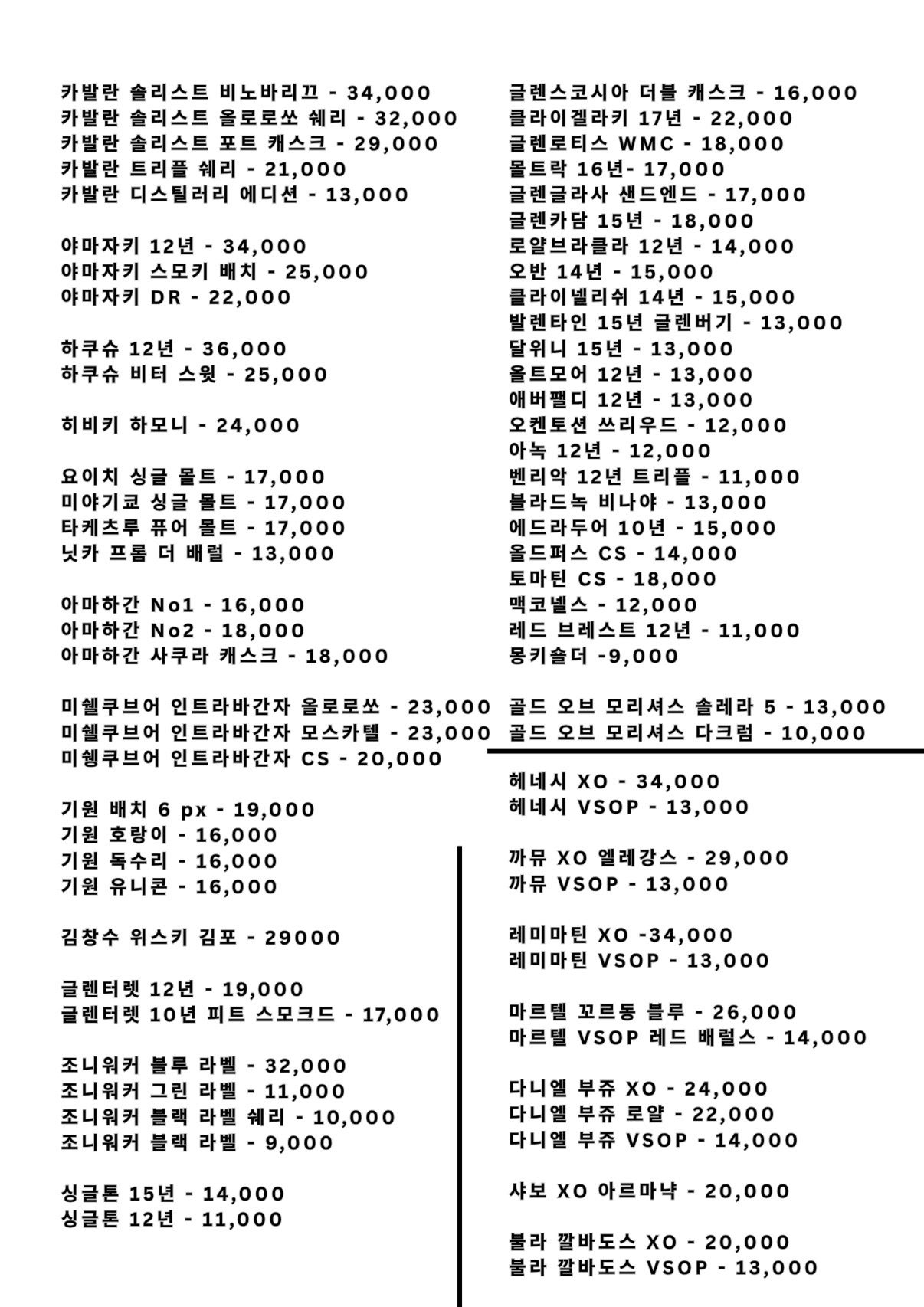 price menu
