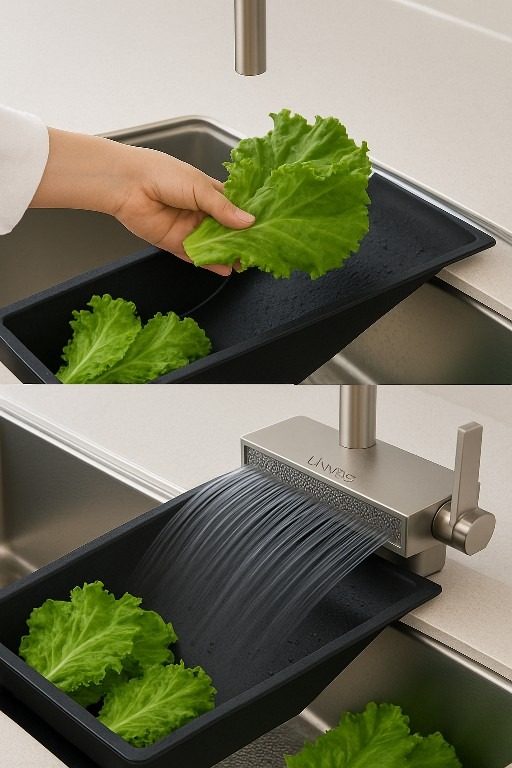물을틀어도 양손이 자유롭다  백조 사각 싱크볼 수전리폼