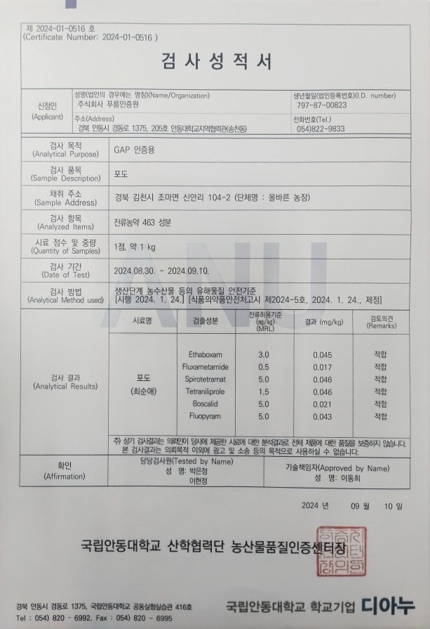 GAP인증 잔류농약 검사 성적서