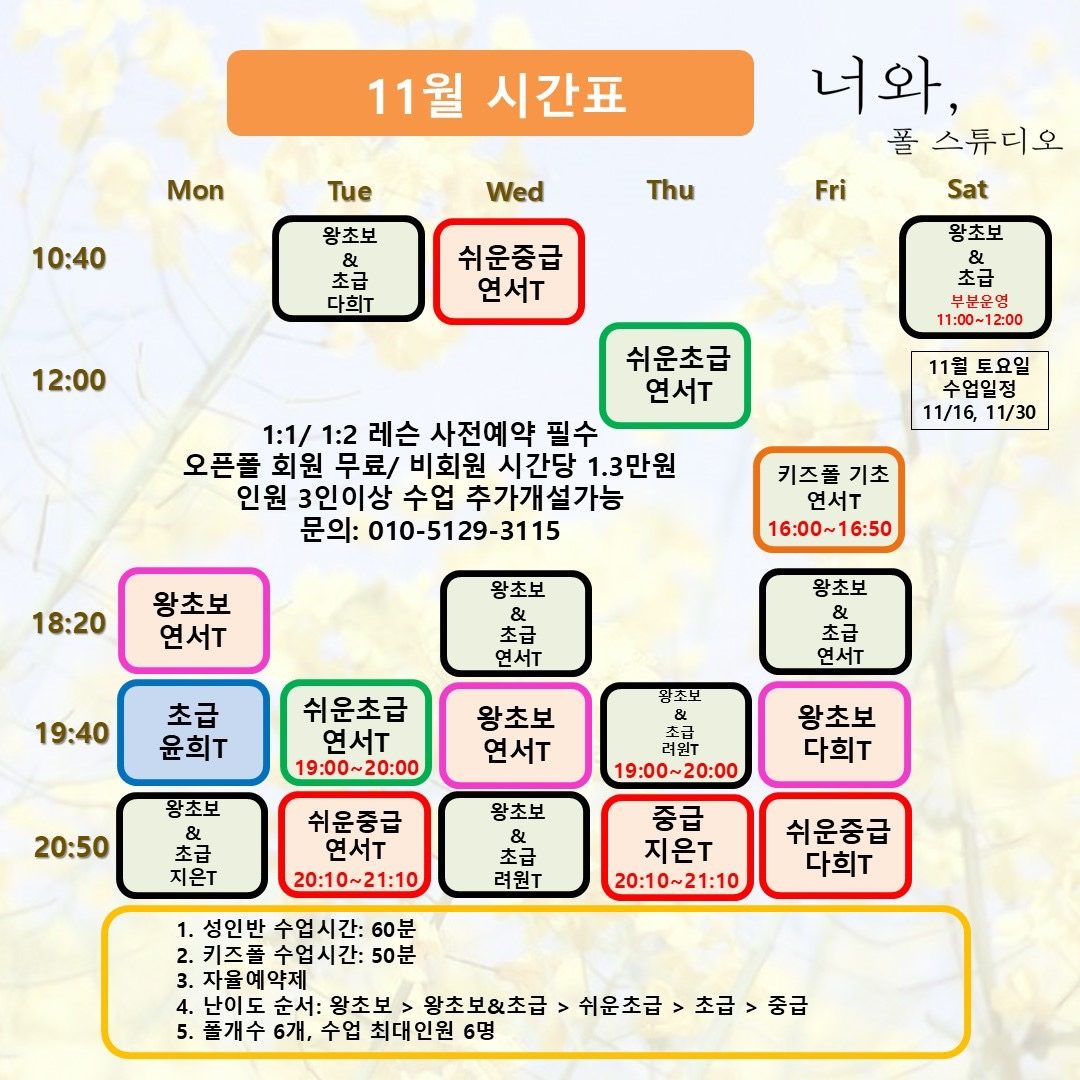 기흥 죽전 폴댄스학원 11월 시간표