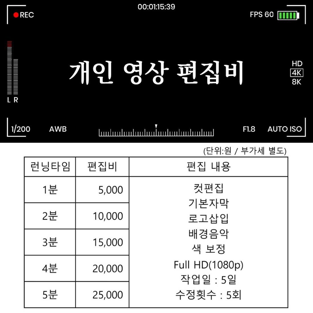 영상 편집 5천원(런닝타임 60초, 개인)부터