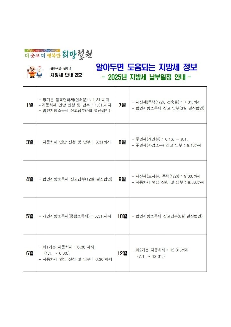 철원군 세무과에서 2025년 지방세 일정에 대해 알려드립니다