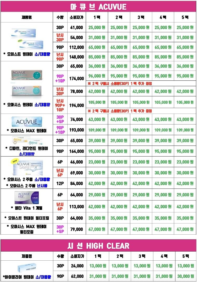 ★★8월 콘택트렌즈 가격표★★