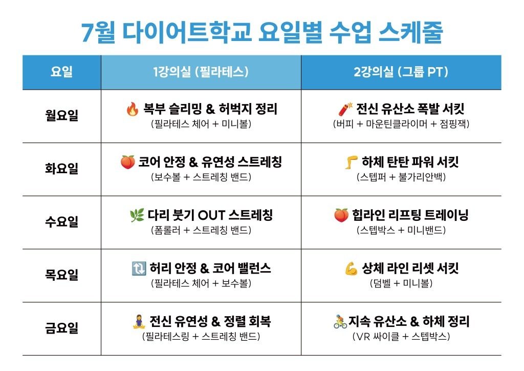 🩵7월 요일별 수업 프로그램 안내🩵