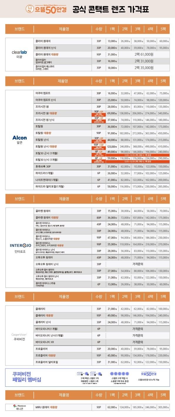 으뜸50안경 덕계점 12월 콘택트렌즈 할인 가격표 입니다:)