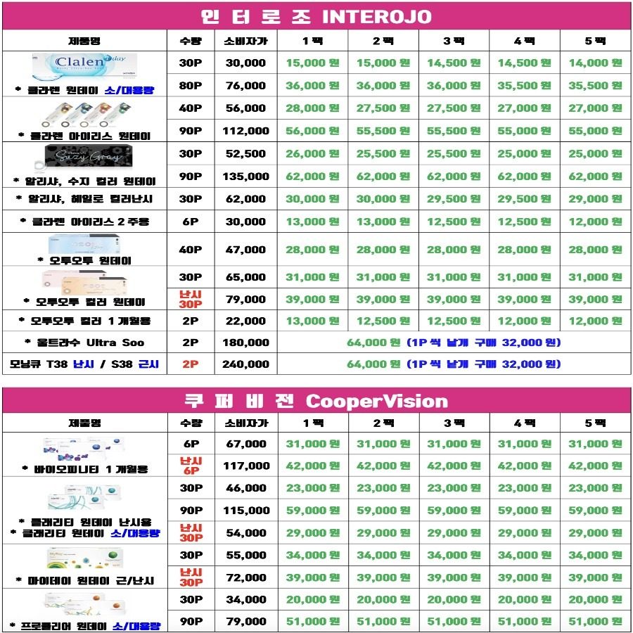 8월 콘택트렌즈 가격표 안내드립니다 🙂