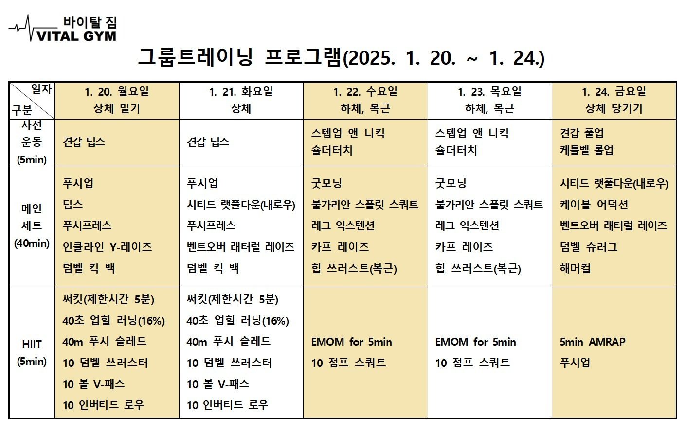 그룹트레이닝 다음 주(1/20~1/24) 프로그램(빈자리 현황 포함)