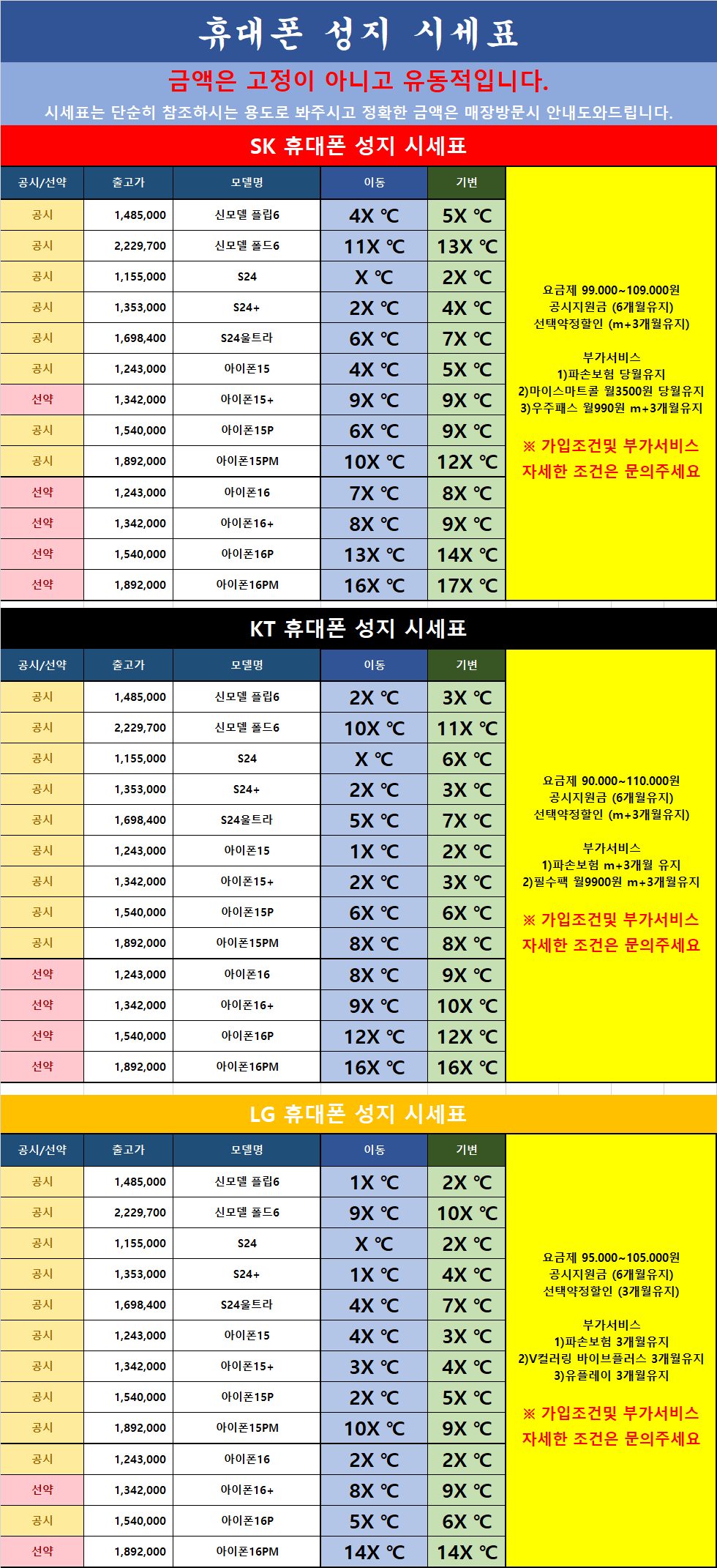 🌞인천휴대폰성지🌞 "성지시세표" 열정통신 10월7일