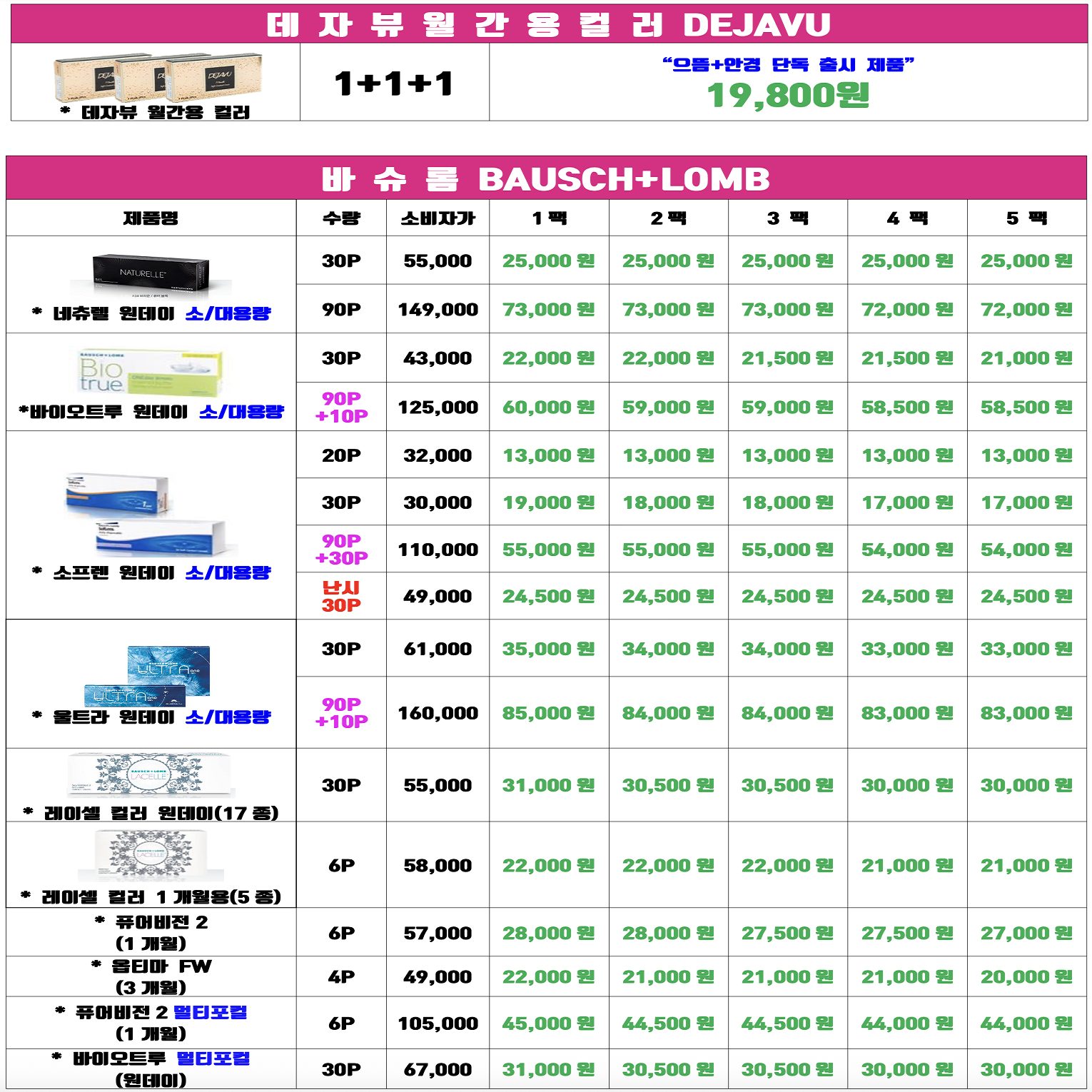 7월 콘택트렌즈 가격표입니다