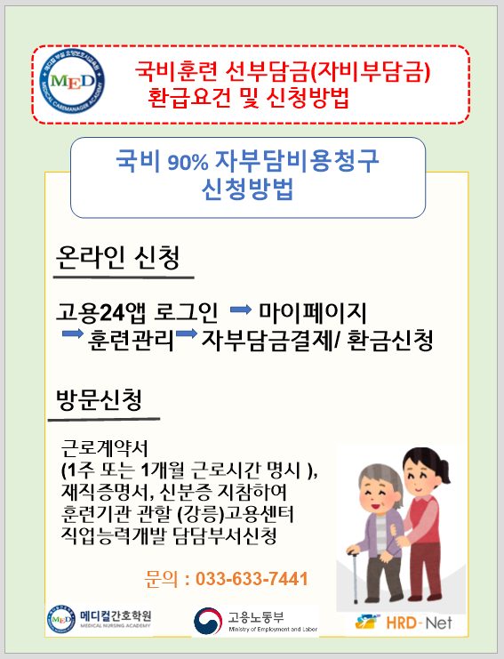 [국비훈련] 요양보호사 훈련 선부담금(자부담금)환급기준 및 신청방법 안내