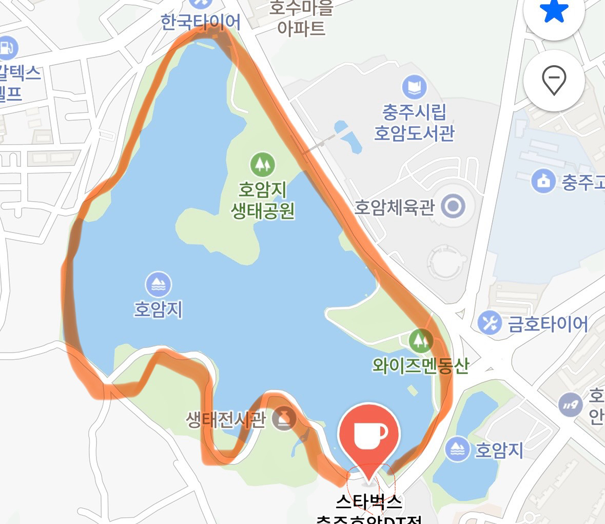 2번 러닝코스 대략3.3km
호암지 스타벅스에서 시작하여 오르막을 오르고
다시 한바퀴 돌아서 완료