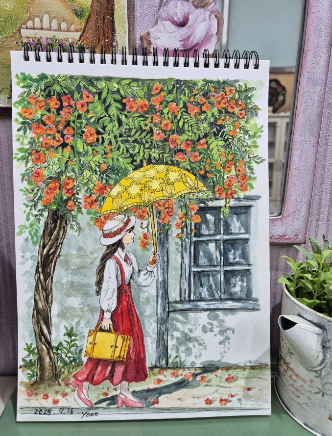 능소화가 가득한 풍경 🌿
어반스케치 수강생들이  
능소화가 이쁘게 피어있는
풍경들을 인물과  함께 
그리는 방법을 배우고 있답니다~
스케치부터 어렵다하지만
재미도 있다고~😊💓