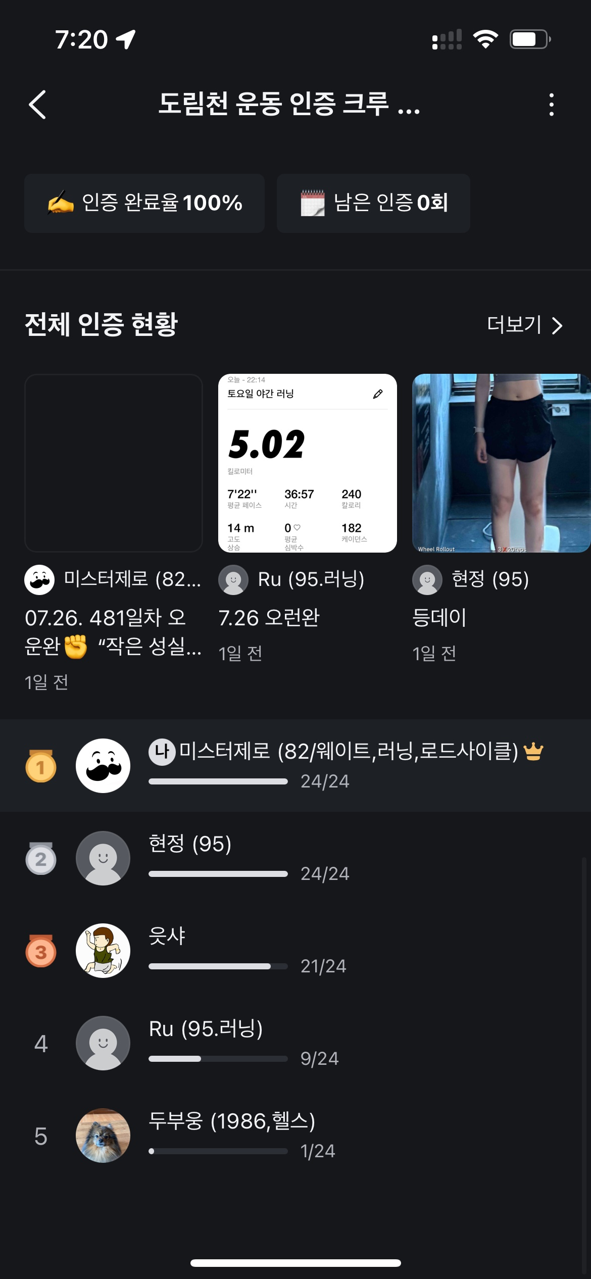 🎊 도림천 운동인증 4주 챌린지 1기, 당첨자 발표! 🎊
함께 꾸준히 걸어온 4주의 시간, 모두 정말 수고 많으셨습니다 🙌
이번 회차에서는 총 4분께 감사의 마음을 담아 작은 선물을 드려요.

🏆 [챌린지별 당첨자]
주6회 챌린지: 현정 님
주3회 챌린지: 읏샤 님
주1회 챌린지: 라파 님

👏 그리고 마지막까지 성실하게 인증해주신 분들 중
열정이 느껴졌던 쑤 님께는 참여상을 드립니다!

🔍 [선정 기준 안내]
각 구간별 최소 인증 횟수 이상을 달성한 분들 대상으로 추첨했습니다.

주6회 챌린지: 18회 이상 인증
주3회 챌린지: 9회 이상 인증
주1회 챌린지: 1회 이상 인증
중복 당첨은 제외하고, 한 분당 1회 수상으로 선정했어요.
참여상은 당첨되지 않은 분들 중 인증 기록이 있는 분들 중 랜덤 1인을 추첨했습니다.

💌 당첨자 분들께는 개별 DM으로 기프티콘�을 발송드릴 예정입니다.

모두 수고 많으셨고, 다음 4주 챌린지도 곧 시작됩니다!
당신의 일상이 도림천을 닮아가길
천천히, 꾸준히, 함께 걸어요 🌿

다음 챌린지 부터는 주3회와 주6회 챌린지만 3주 목표로 진행됩니다!