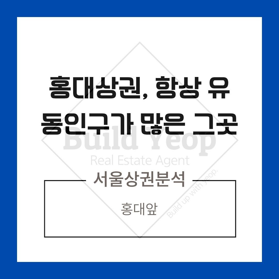 ▶서울상권분석-홍대앞
홍대상권, 항상 유동인구가 많은 그곳
1. 하루 22만명 이상이 오가는 대규모상권
2. 골목 구석구석까지 호가산되는 체류형 유동인구
3. 임대수익,시세차익 기대 투자처로 꾸준한 상승세
➡상권 관련 자세한 내용: https://blog.naver.com/buildyeop/***-***-******
#홍대상권 #홍대앞상권 #홍대입구역 #홍대상가투자 #서울상권분석 #유동인구많은곳 #상가매매정보 #홍대부동산 #상업용부동산투자 #홍대건물매매 #서울핵심상권