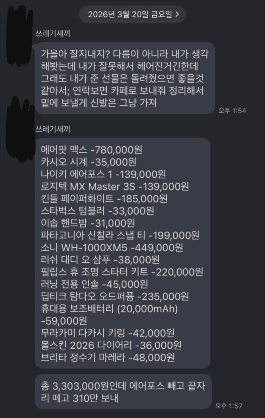 남친의 바람으로 헤어짐 그동안의 선물 돌려줘야 한다. 아니다.