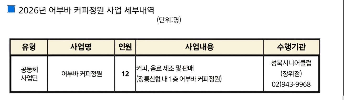 2026년 어르신일자리 및 사회활동지원사업 참여자 모집공고(어부바커피정원)
