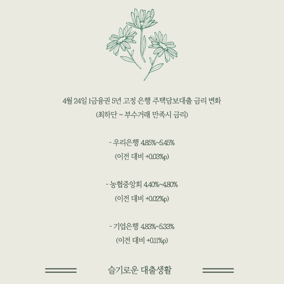 🏠4월 24일 1금융권 5년 고정 은행 주택담보대출 금리 총정리