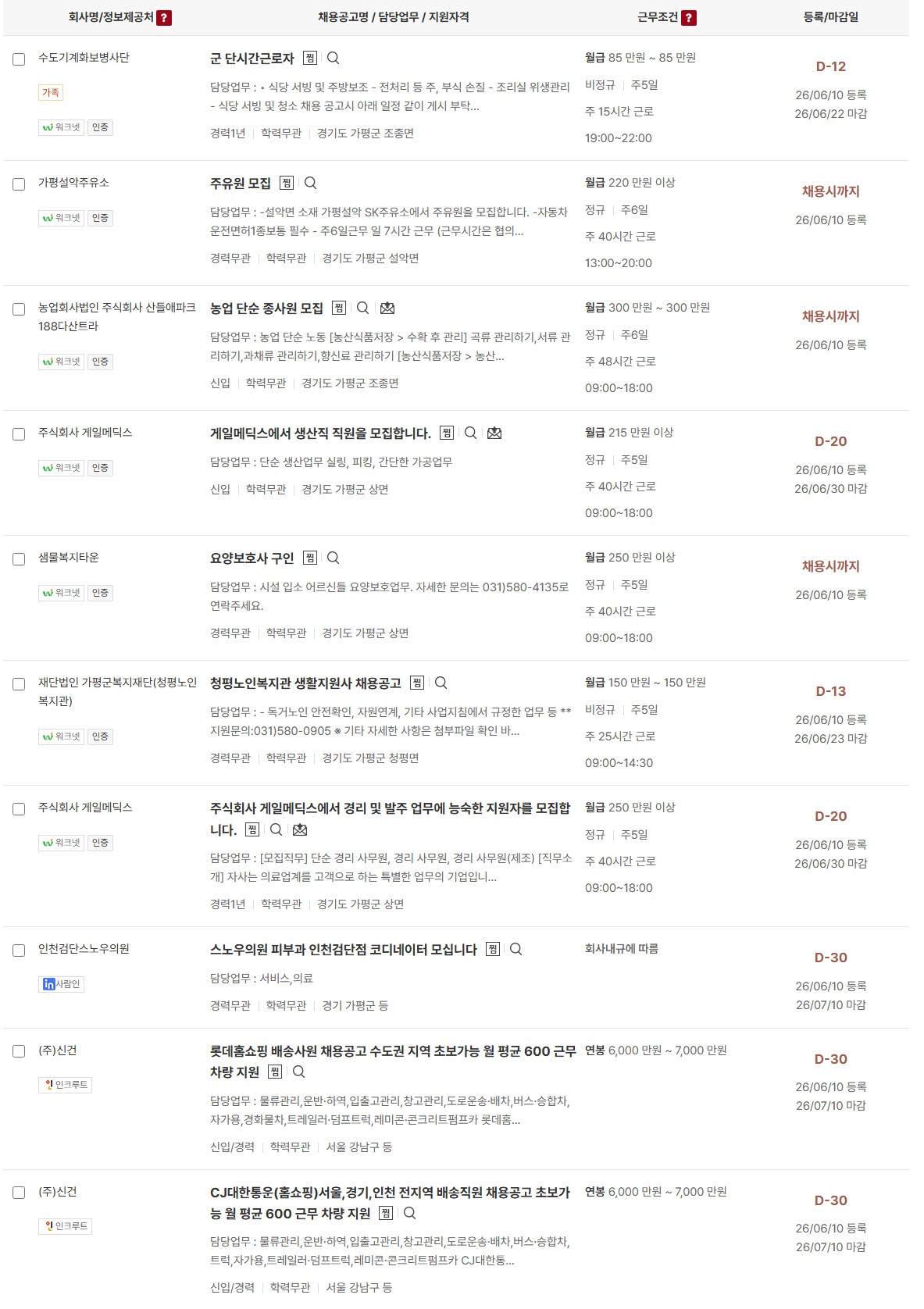 가평군 일자리 구인정보  6월10일 (1) ~ ~