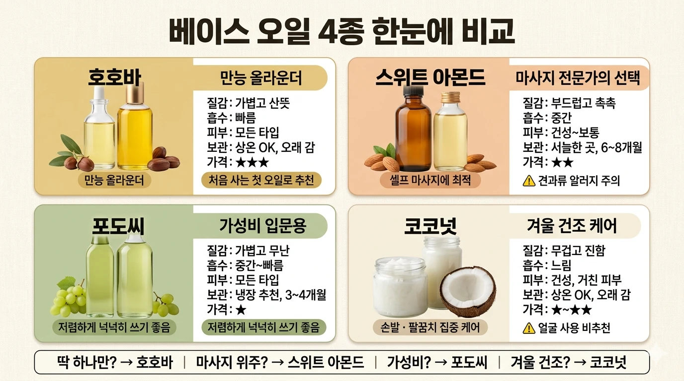 베이스 오일 고르는 법 — 호호바, 스위트 아몬드, 코코넛 뭐가 다를까