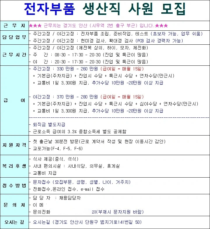 주간,야간 전자부품 단순조립 테스트 검사 모집