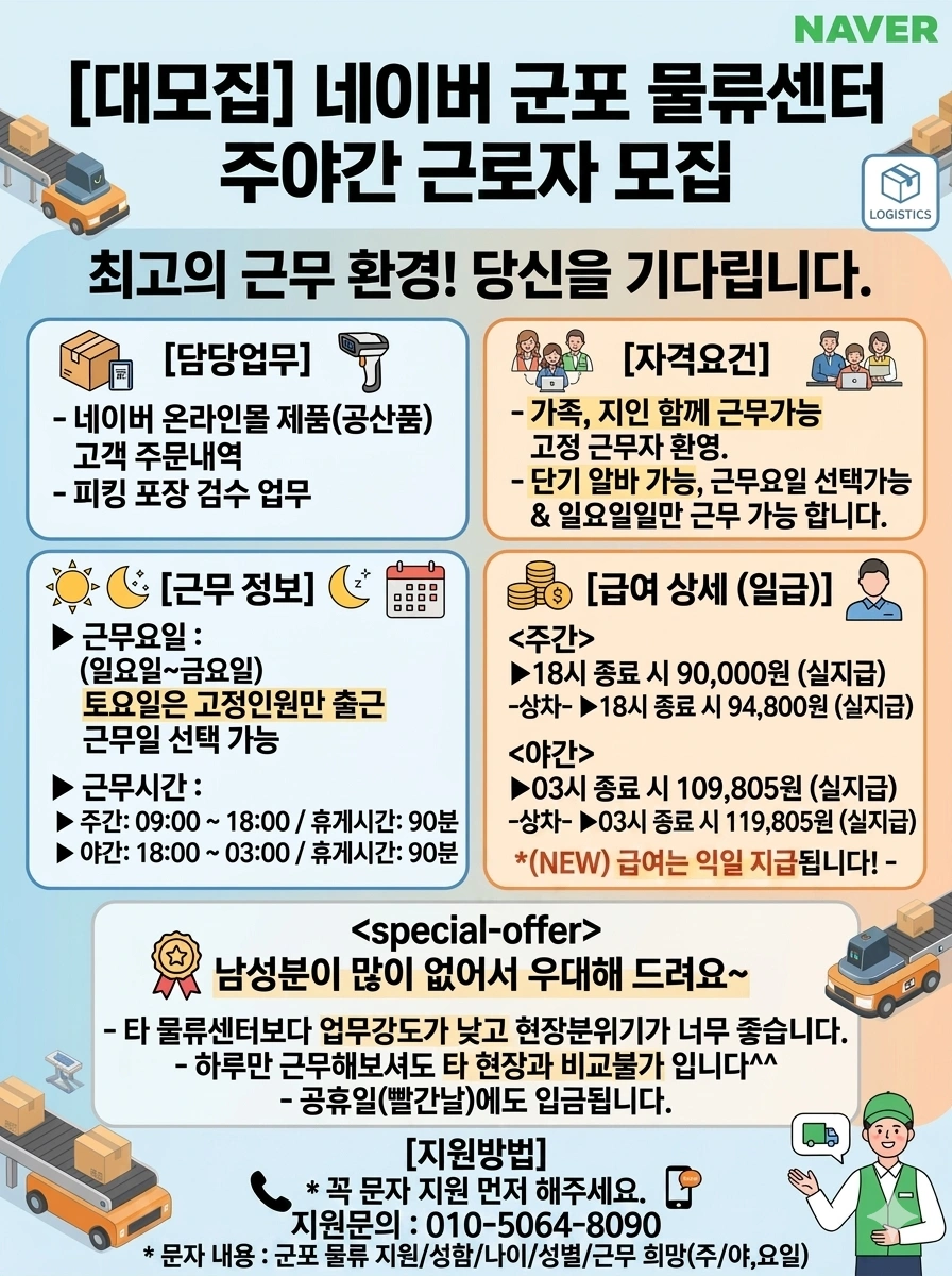 꿀알바/잔업없는/군포 네이버 8월3일 /주/야간 모집