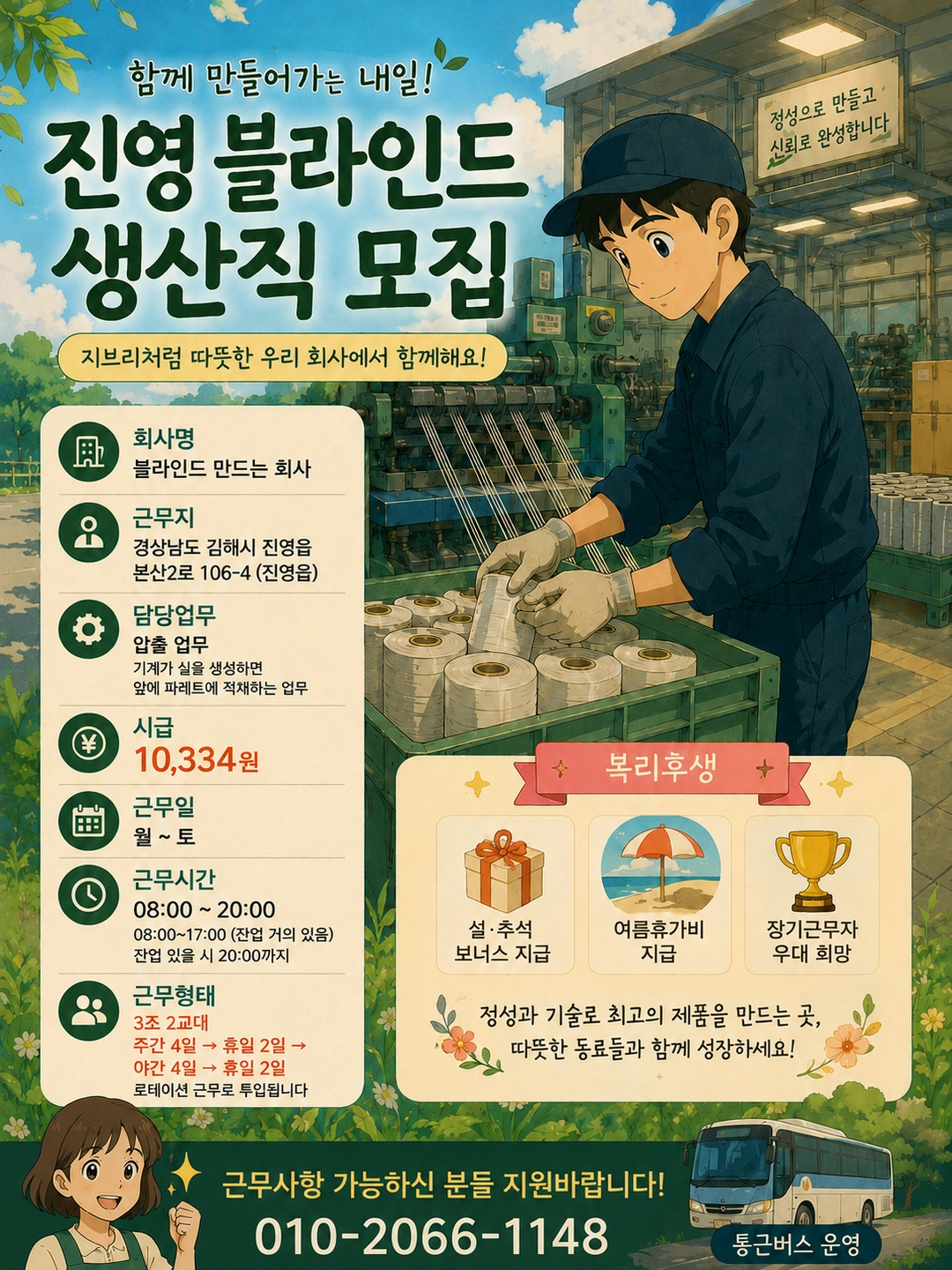 김해 진영/생산직/블라인드제조/통근버스O