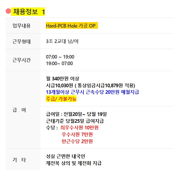 300만이상보장/  3조2교대/pcb홀가공/ 평생직장 공고 썸네일