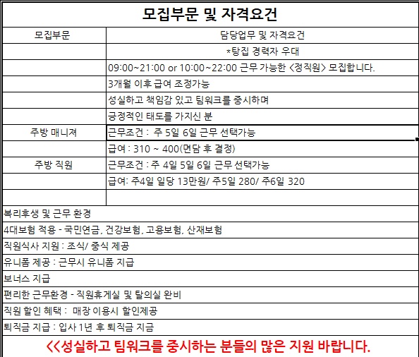 고향옥향동점에서 주간 주방직원 모집합니다. 공고 썸네일