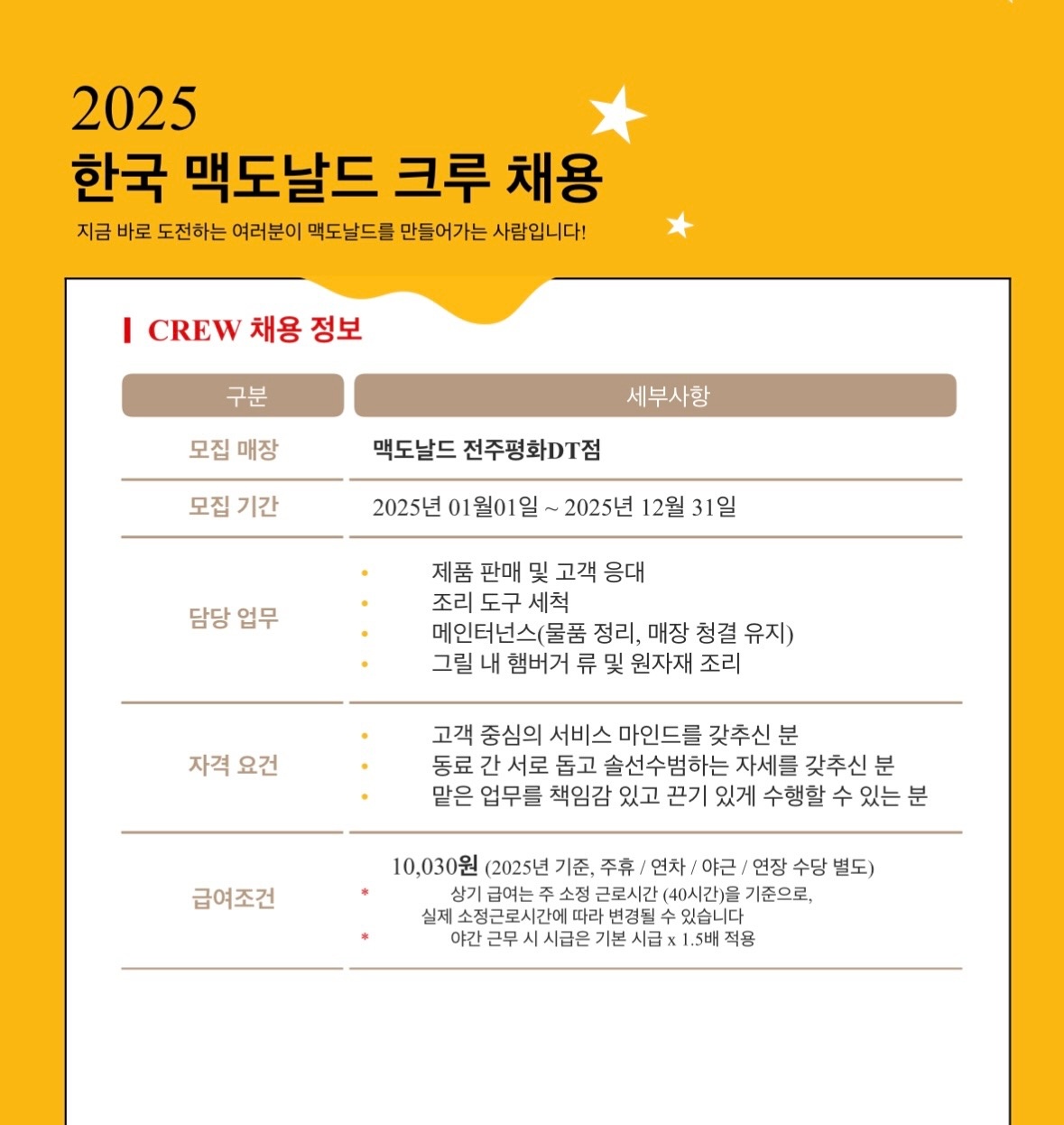 맥도날드 전주평화DT점 크루/메인터넌스 모집합니다. 공고 썸네일