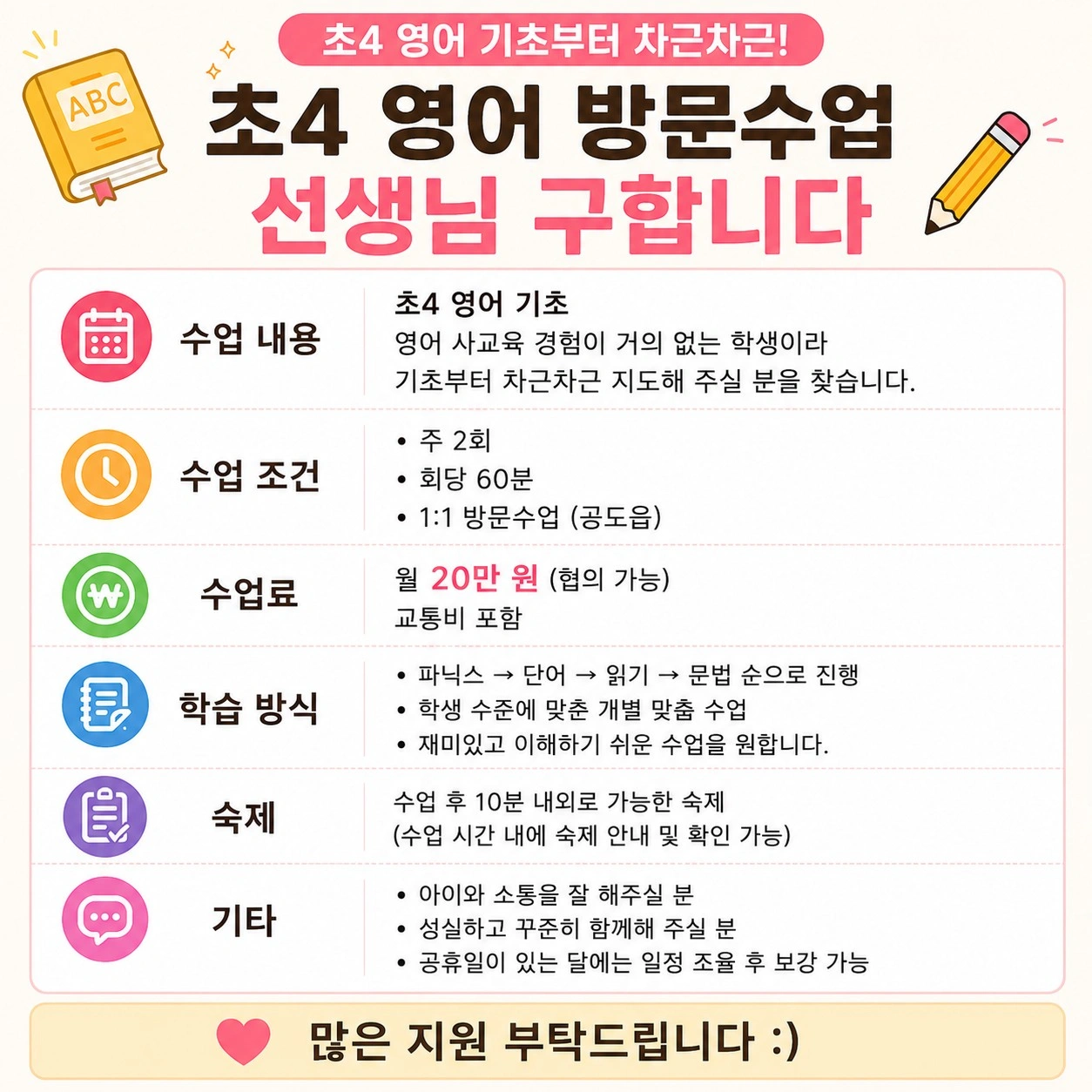 초4 영어 기초 방문수업 선생님 구인합니다
