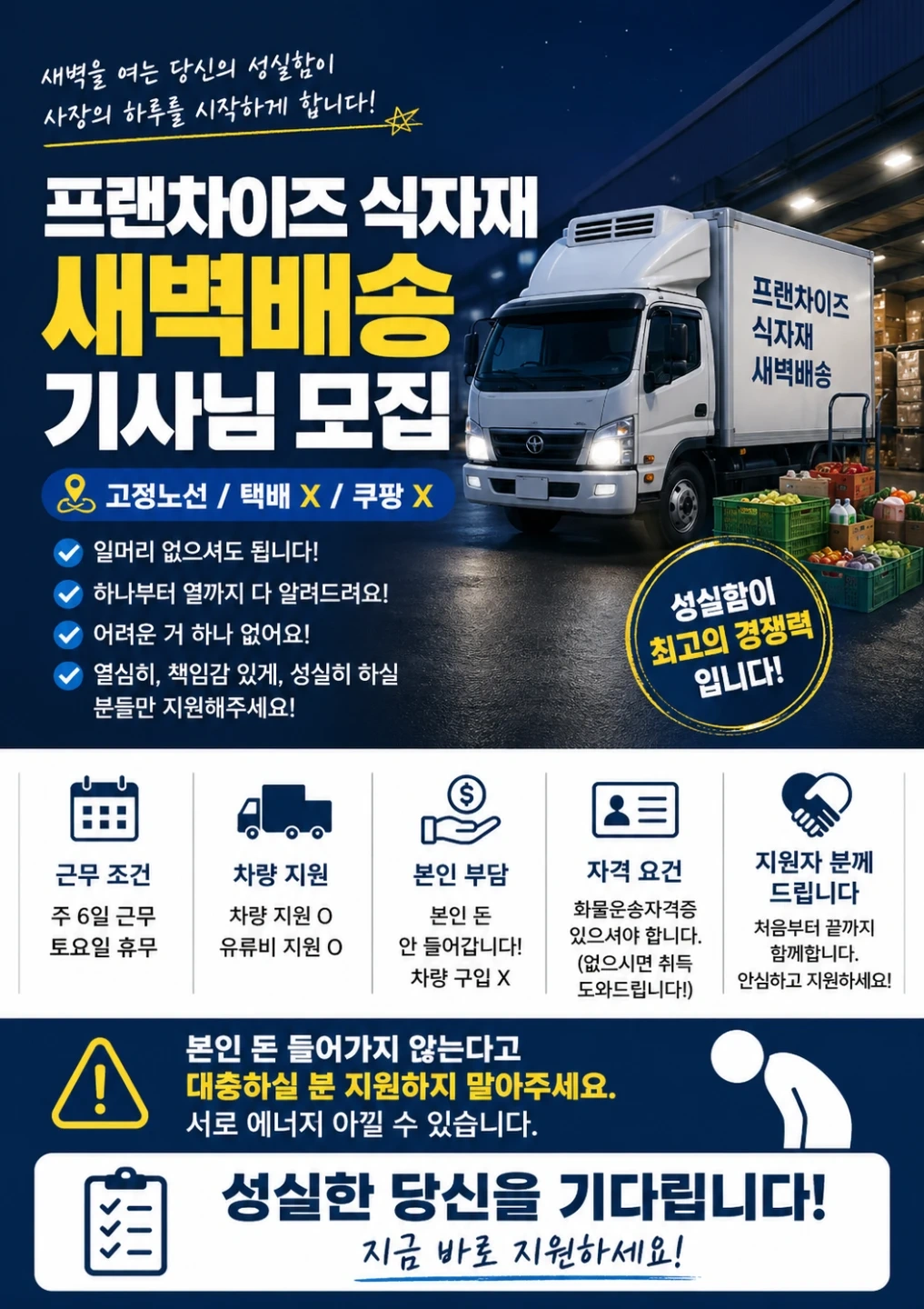 프랜차이즈 새벽식자재배송 직원구합니다!!!!!