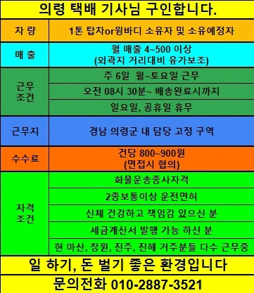 의령 택배 기사님 구인합니다.