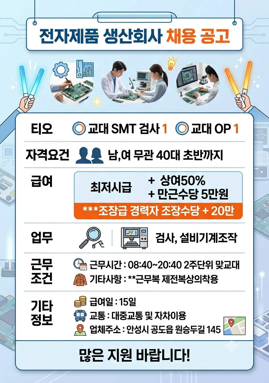 SMT OP,검사 근무환경쾌적 2주단위 교대근무