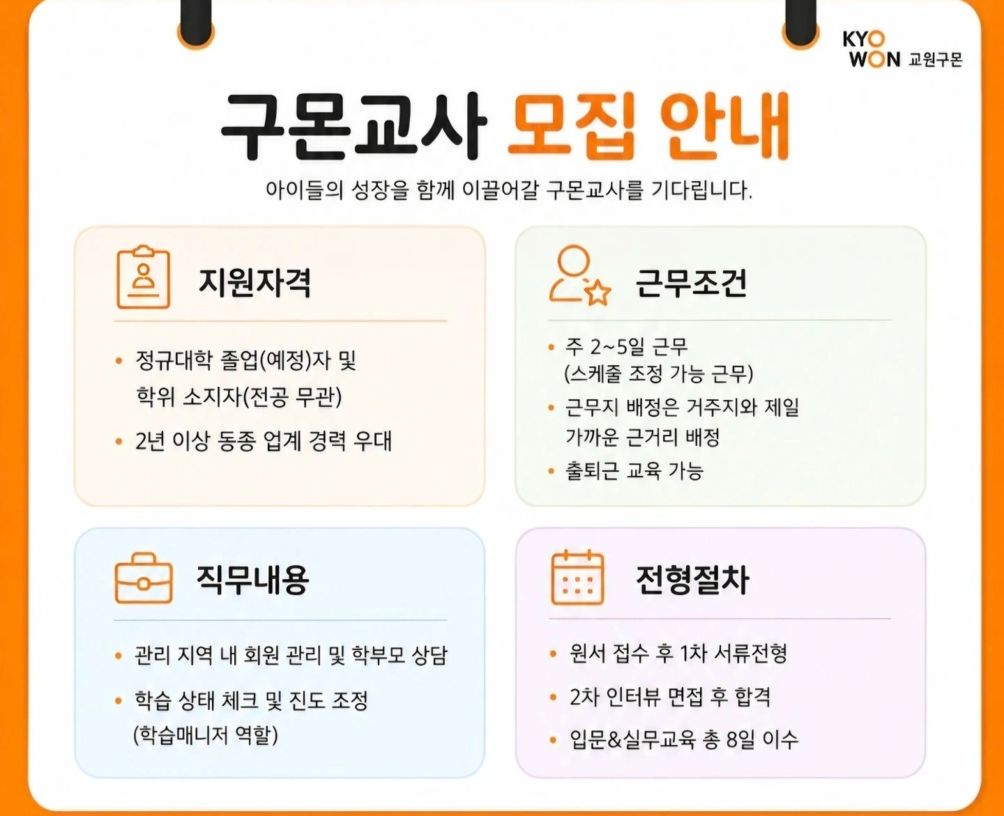 구몬 선생님 모집 안내(청년직 일반직 2~3일 근무직)