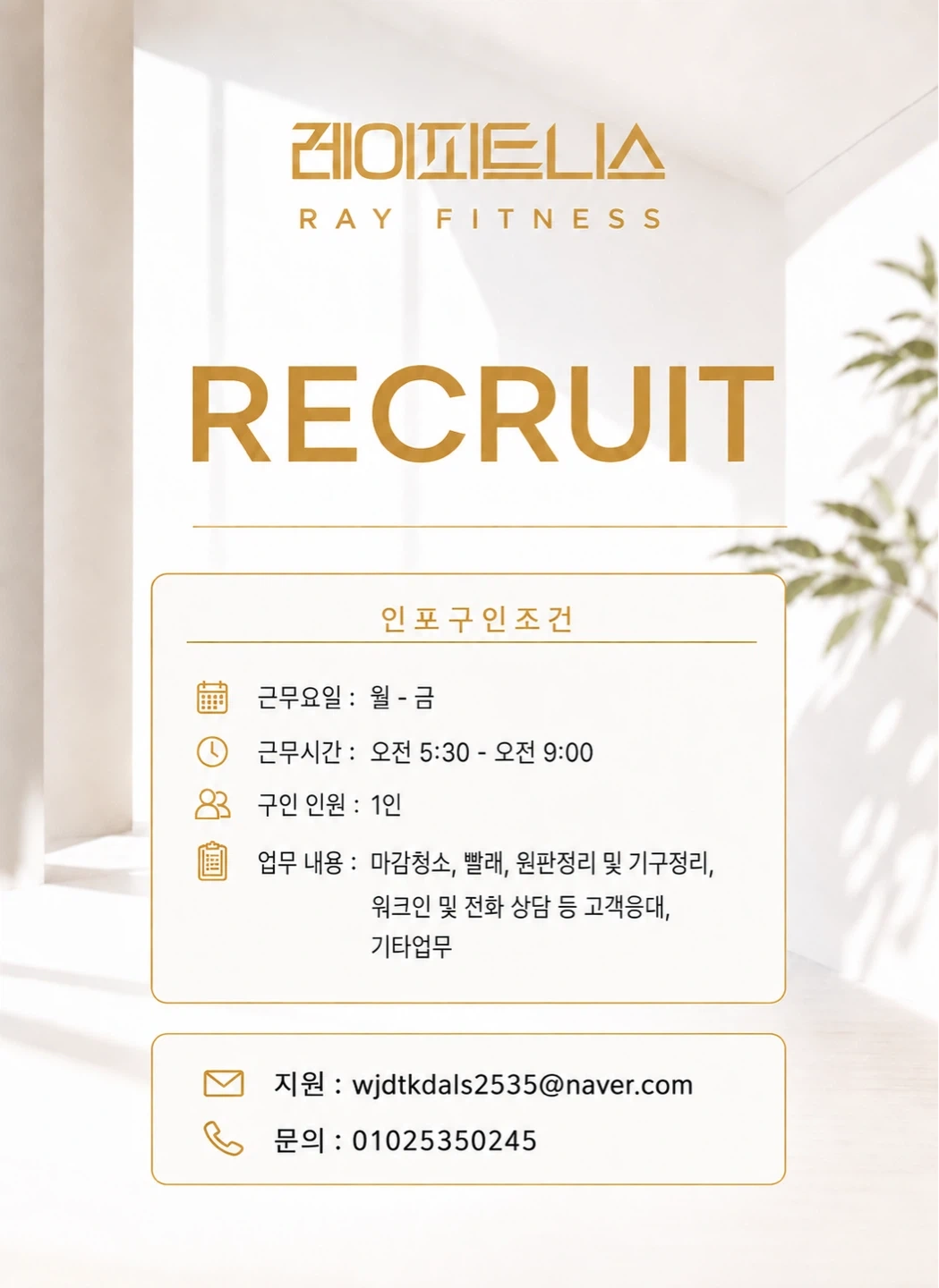전주 서신동 레이피트니스 평일 오전 알바 구인