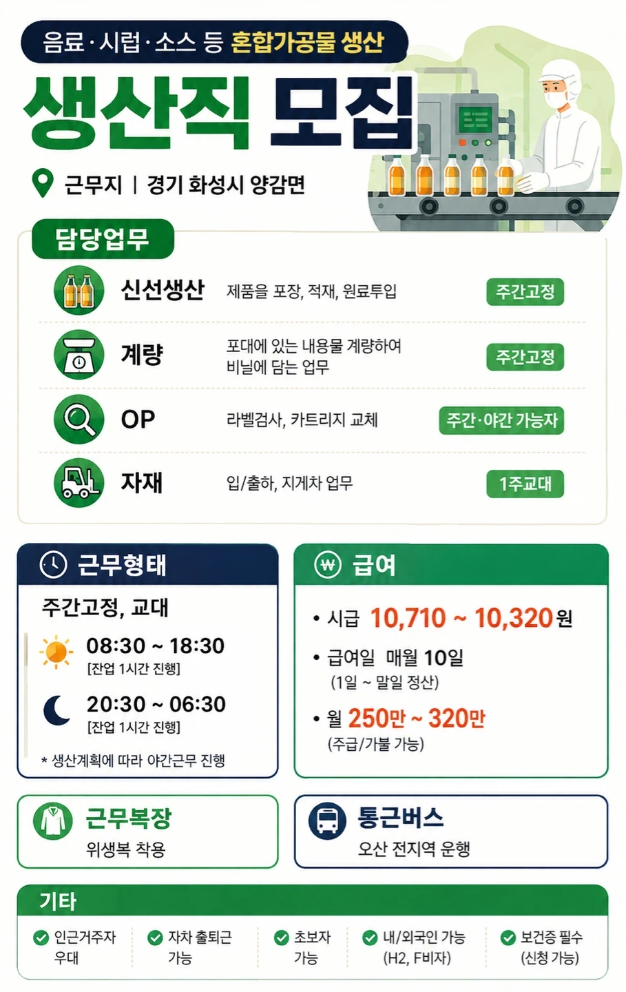 주급/월급/초보 전부가능! 소스 제조 사원모집