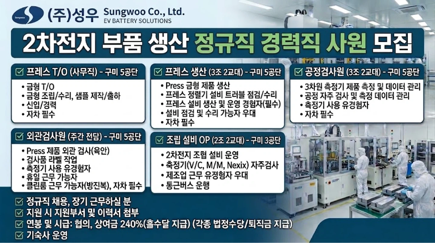 경력직) 2차전지 부품 생산 경력직 모집(토요일수당지급