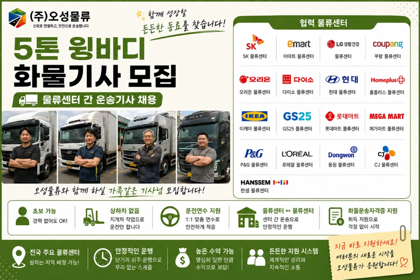 5톤윙바디 화물기사님 모집합니다.
