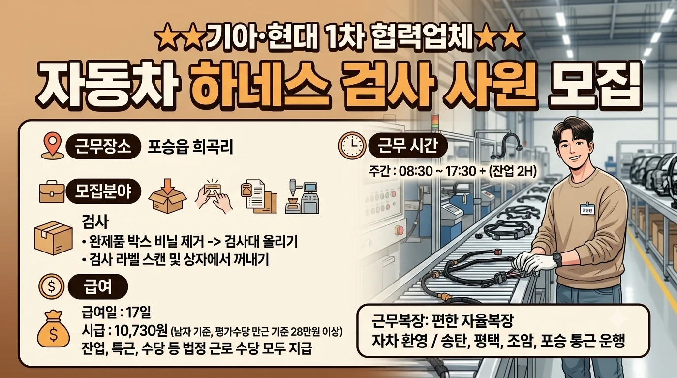 포승 자동차 하네스 각종 파트모집 각종수당지급