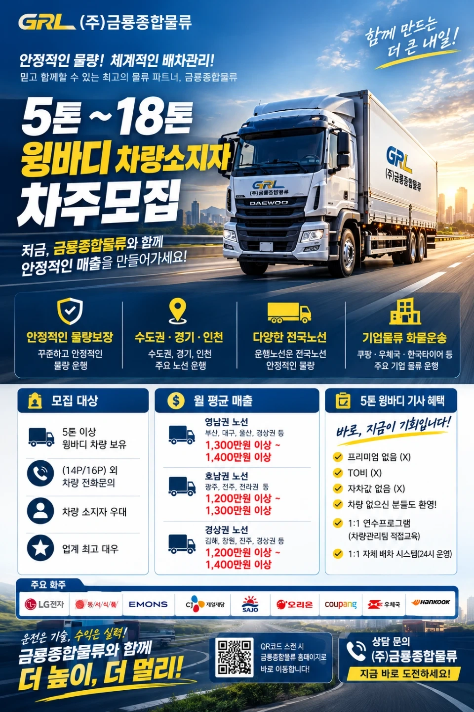 5톤~18톤 윙바디 차량소지자 신규모집.