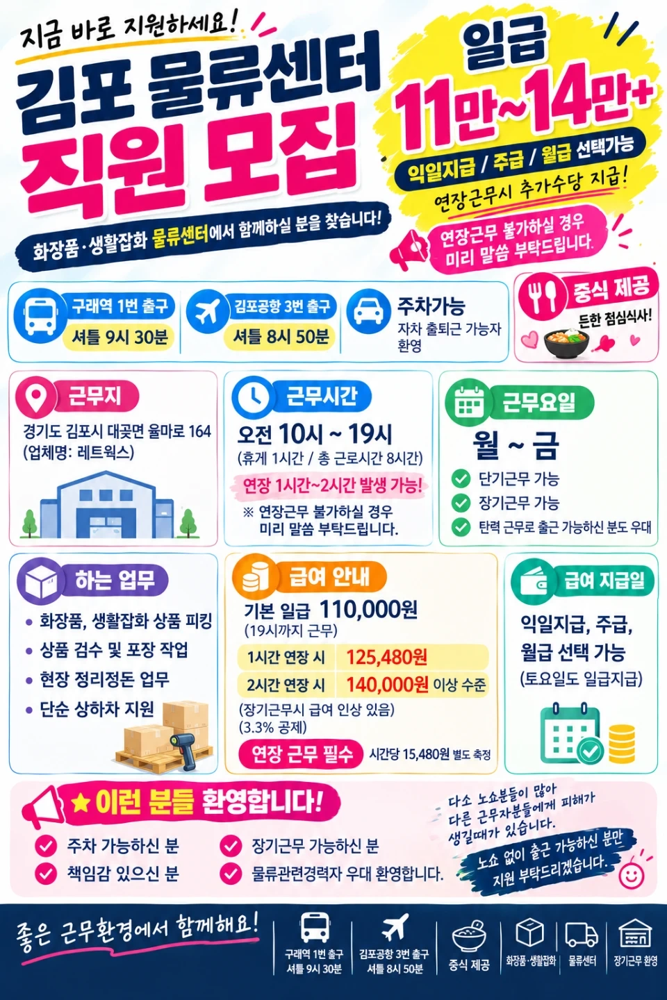 일급 11만~14만/김포물류/점심/주차제공/고정/단기