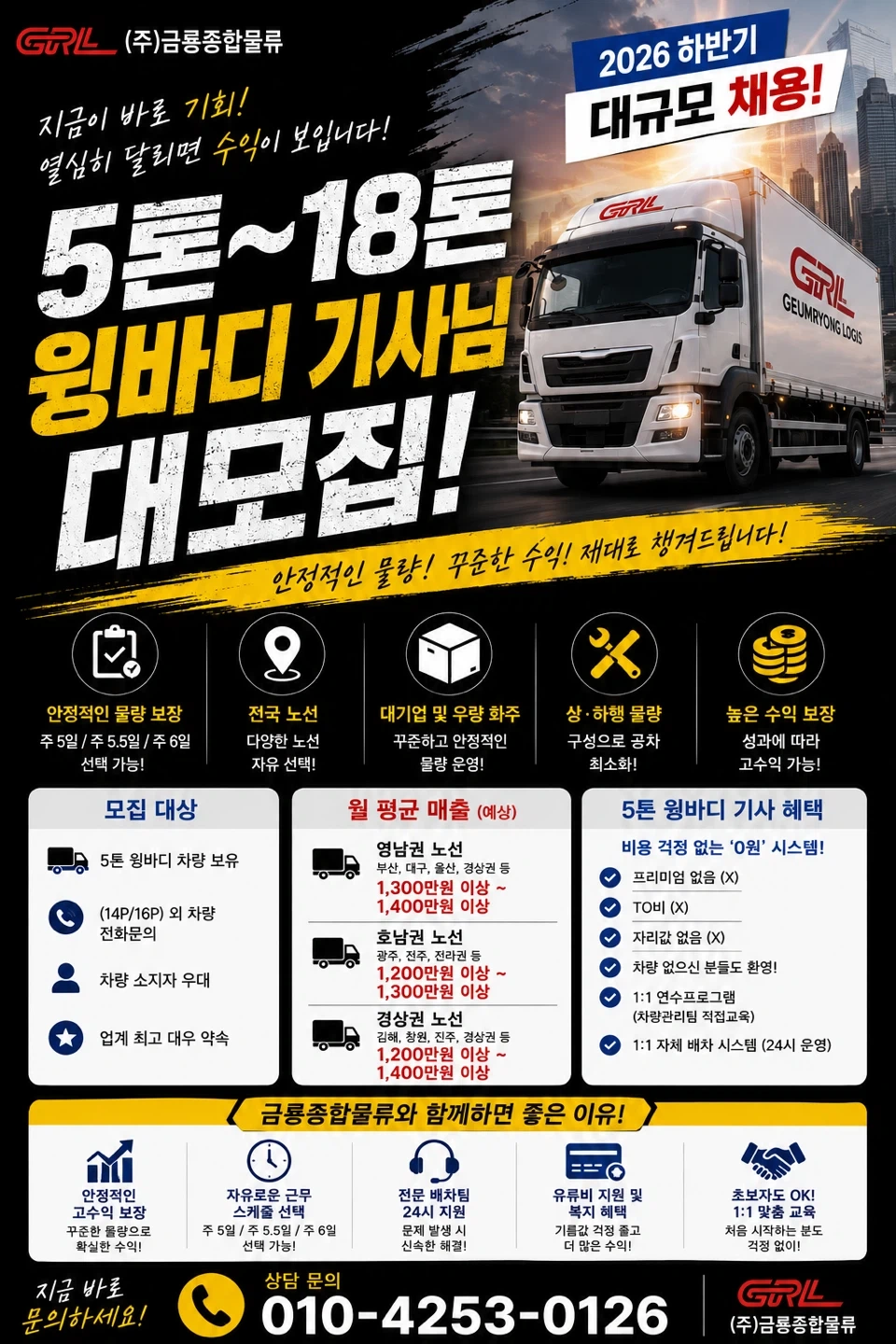 5톤-18톤 윙바디 차량 소유 기사님 모집