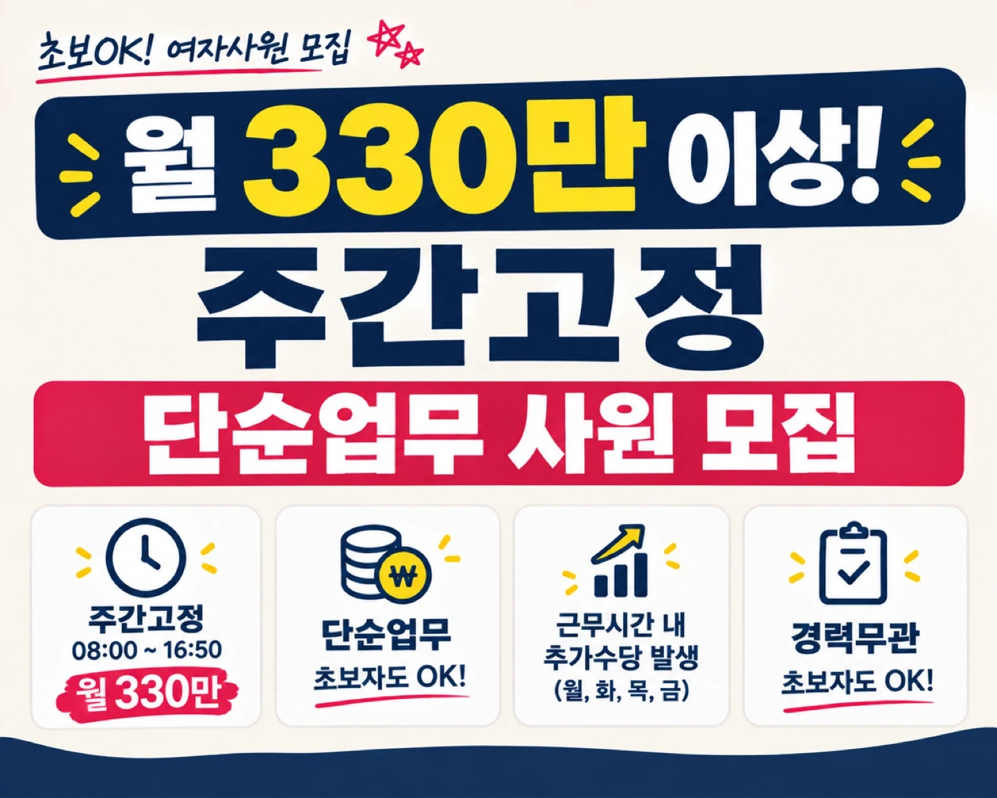 월 330만 이상,주간고정,단순업무,통근운행O