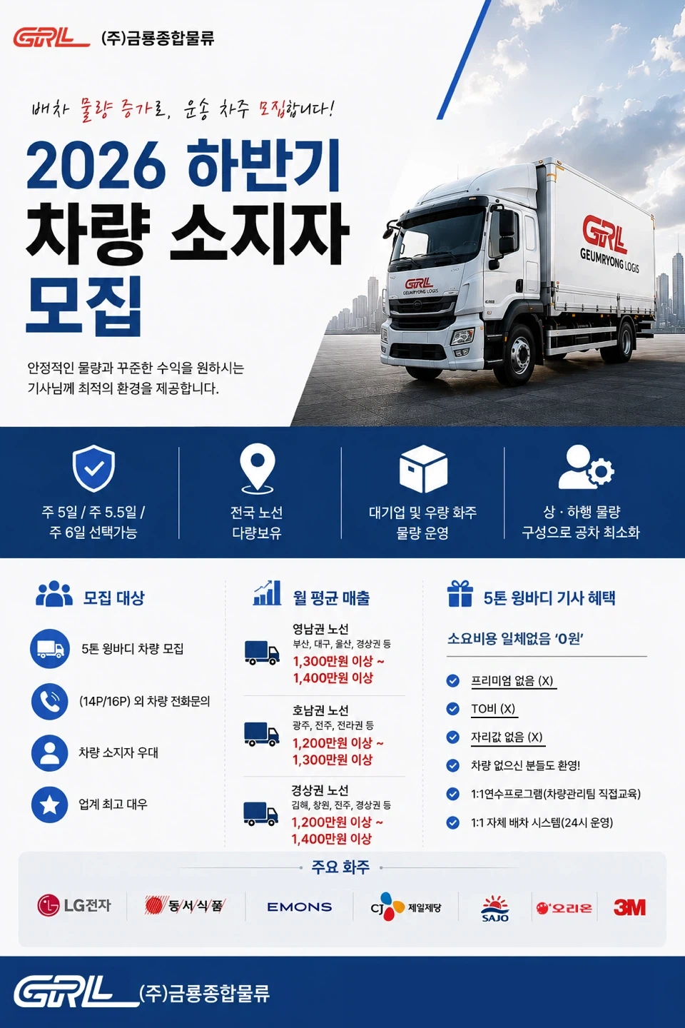 5톤-18톤 윙바디 차량 소유 기사님 모집