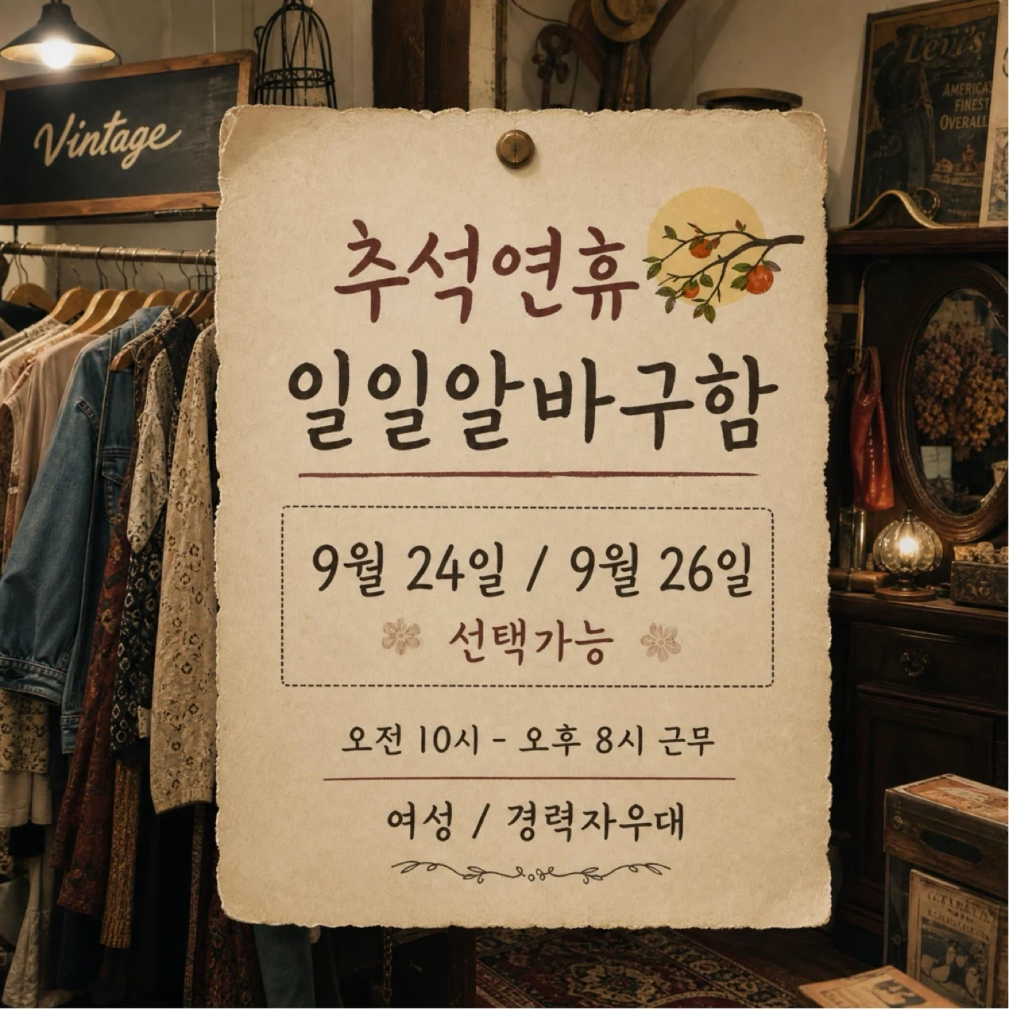 빈티지샵에서 추석연휴 일일알바구해요