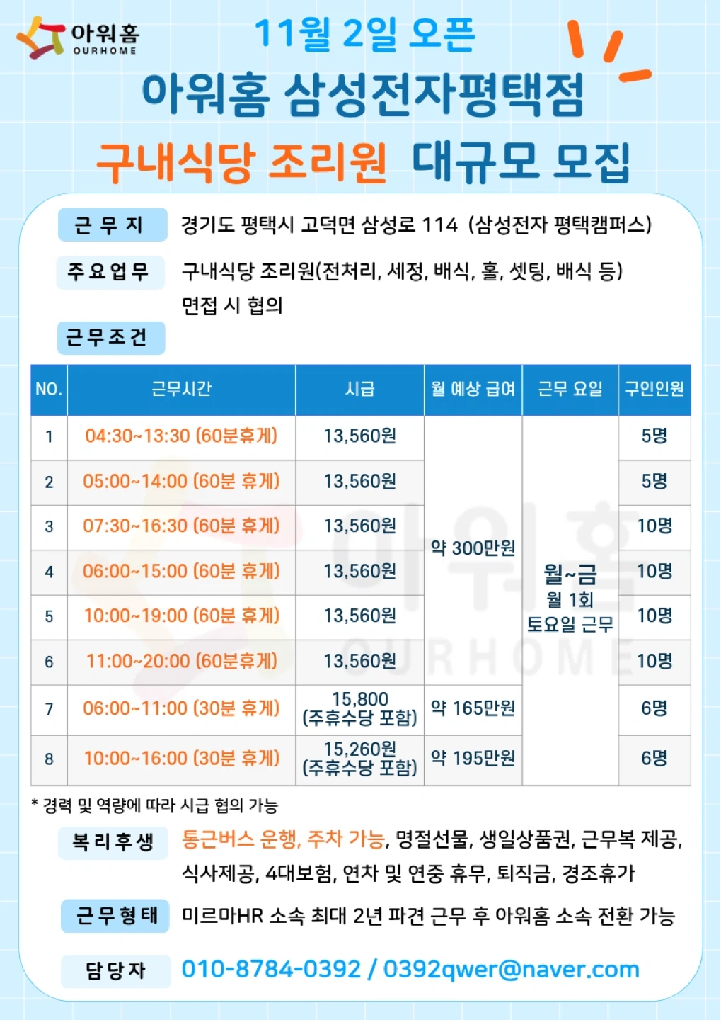 아워홈/11월2일 오픈)삼성전자평택 구내식당 조리원모집