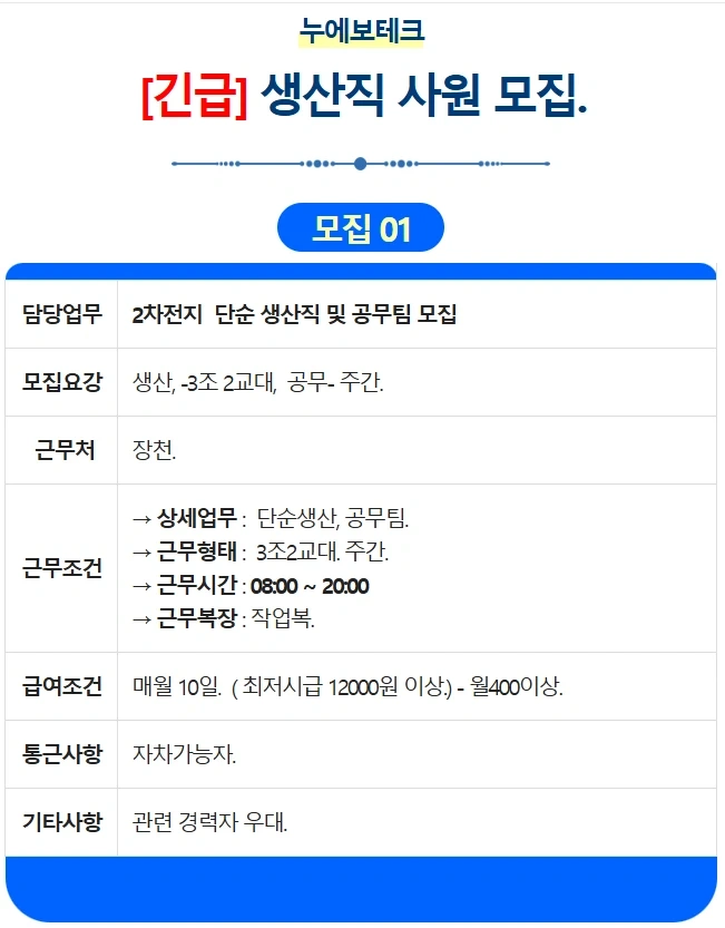 3조2교대, 월급여 400이상 생산, 주간고정 자재파트