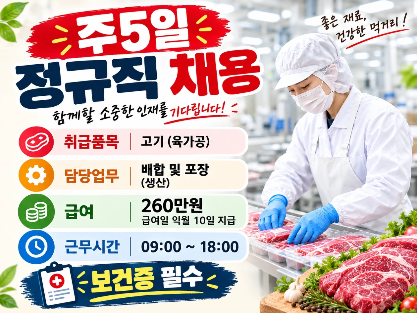 강력추천/주5일 정규직/육가공 생산 피킹,포장
